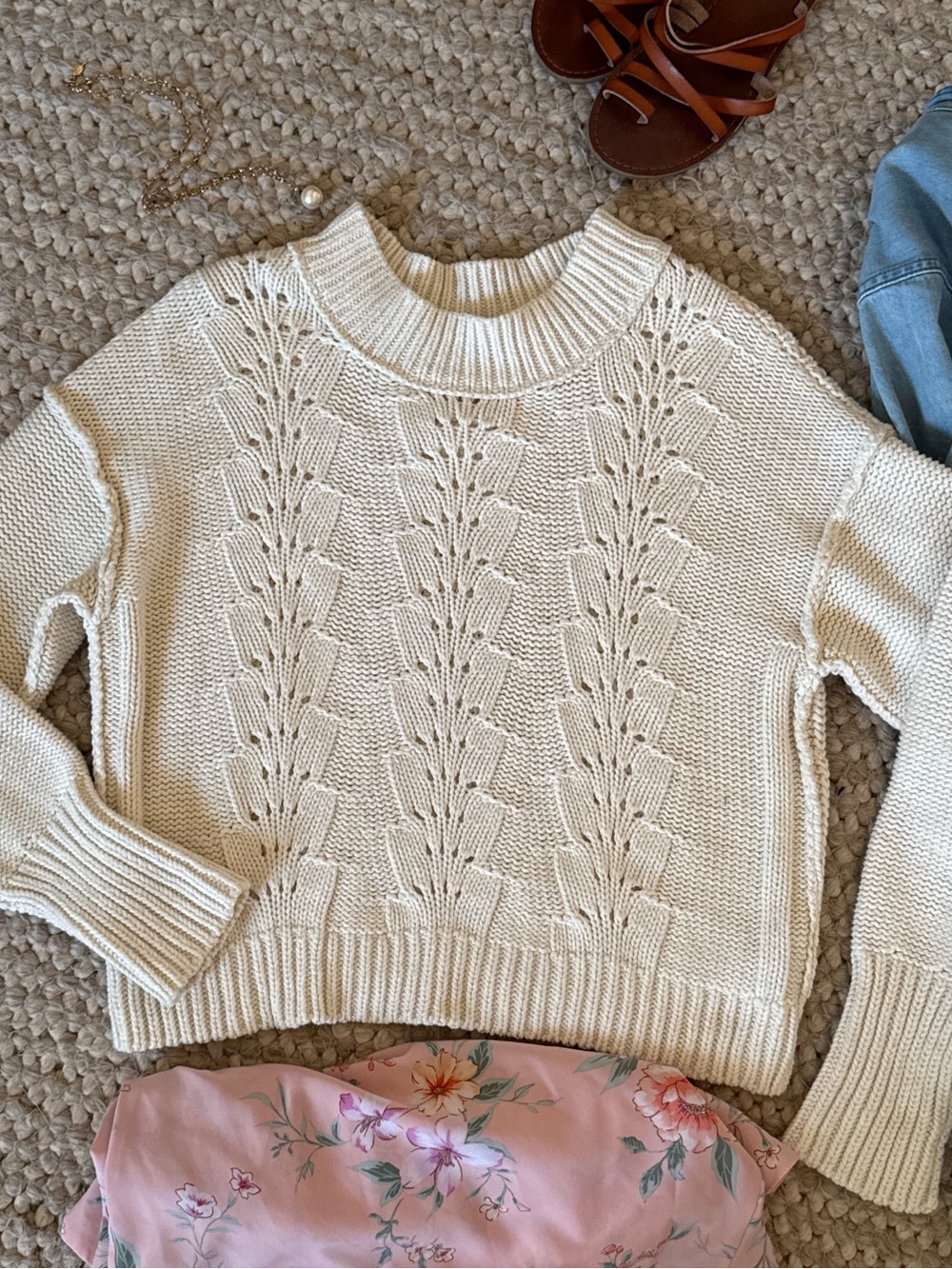 Free People Cream Chunky Knit Sweater Boho Cottagecore Oversized Pullover NWOT